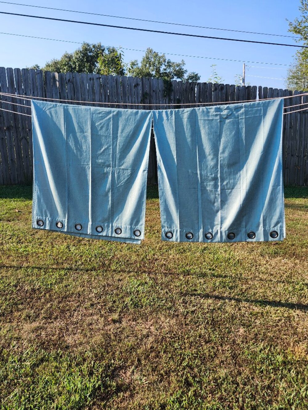 Pair of light aqua curtains with backing  37" x 83"